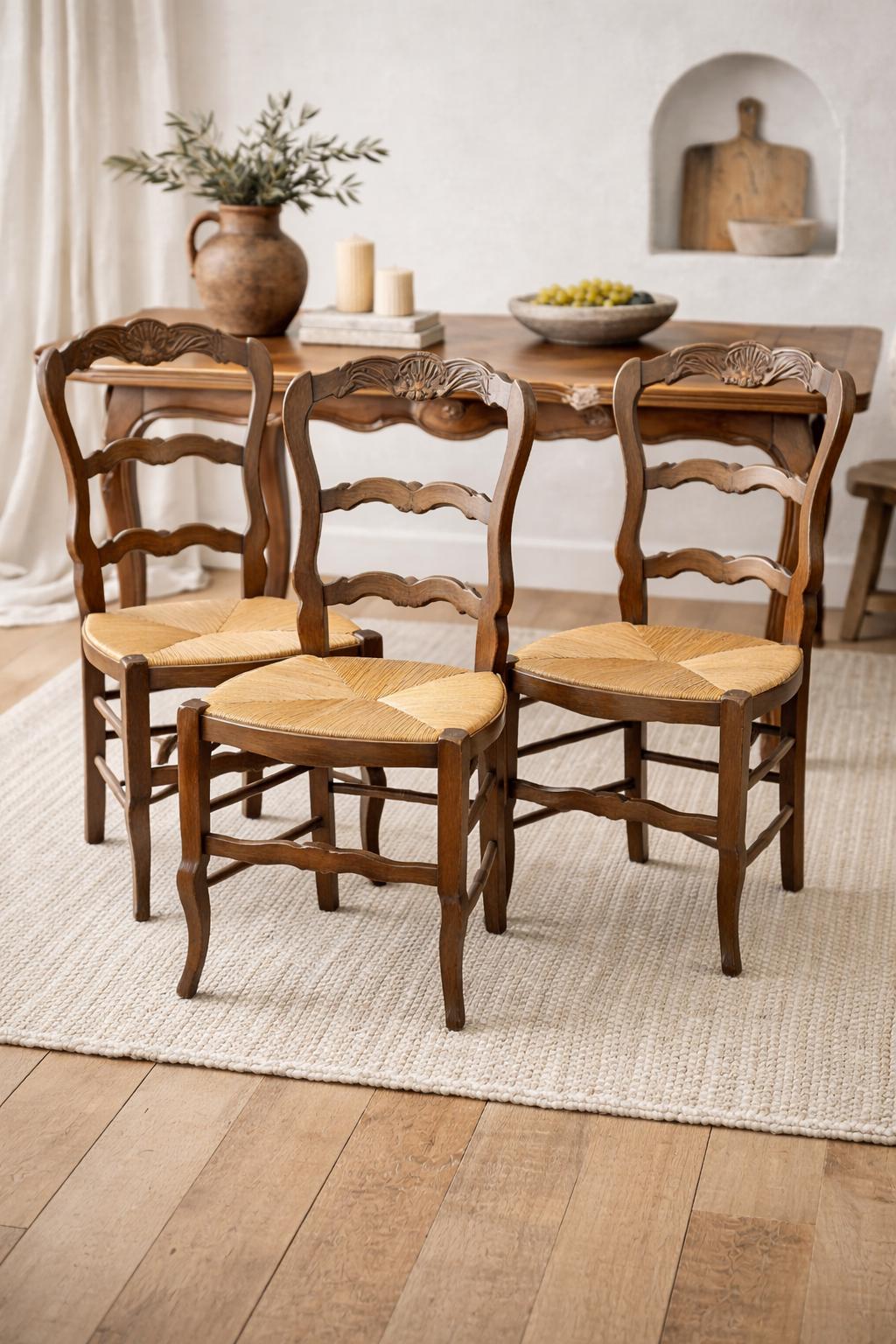 Set of 4 Antique French Provincial Ladderback Dining Chairs | Rush Seat Chairs | Louis XV French Country Dining Chairs