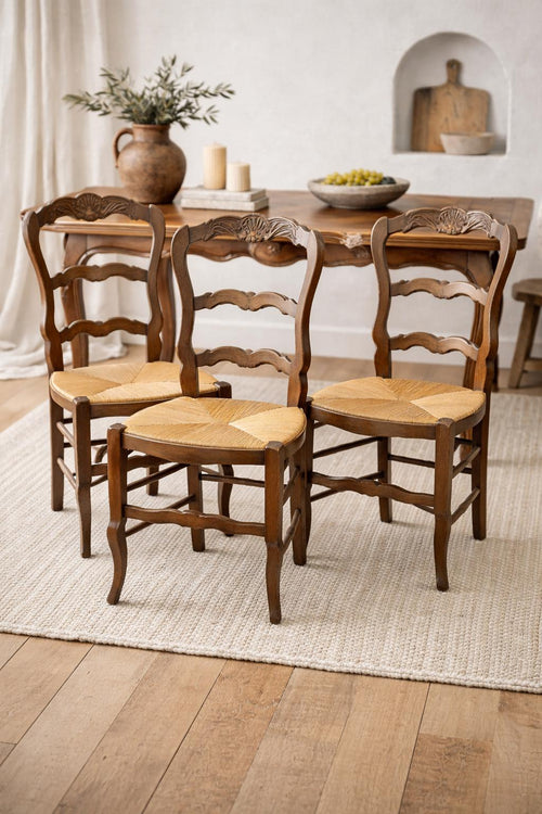 Set of 4 Antique French Provincial Ladderback Dining Chairs | Rush Seat Chairs | Louis XV French Country Dining Chairs