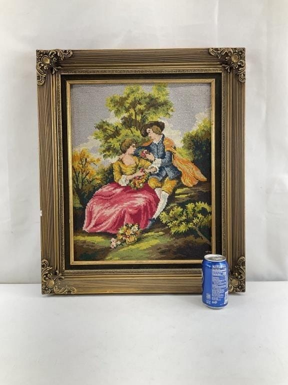 Vintage French Needlepoint Tapestry | Framed Rococo Courting Couple Scene | Romantic French Wall Art | Ornate Gilt Frame
