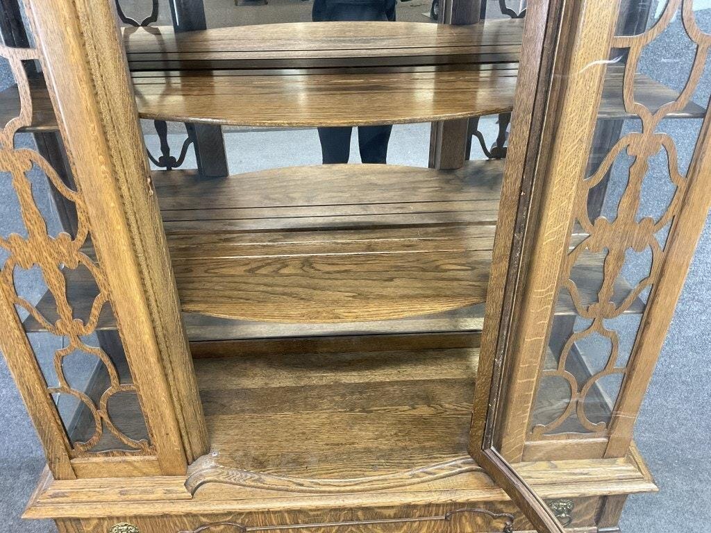 Antique Tiger Oak Bow Front China Cabinet | Victorian Curio Display Cabinet | Carved Oak Display Hutch | Antique Oak China Cabinet