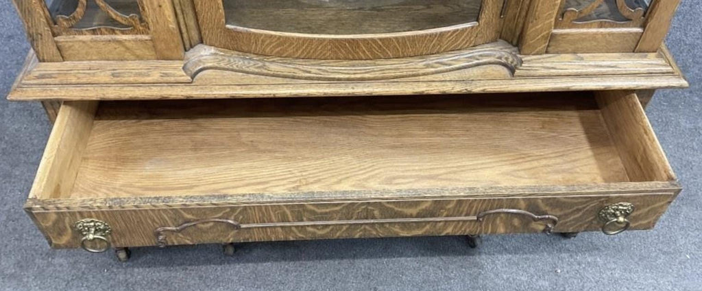 Antique Tiger Oak Bow Front China Cabinet | Victorian Curio Display Cabinet | Carved Oak Display Hutch | Antique Oak China Cabinet
