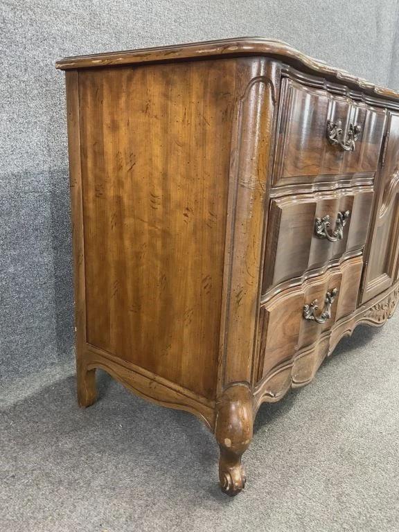 Vintage French Provincial Sideboard Buffet | Serpentine Wood Credenza Console | Carved Provincial Storage Cabinet
