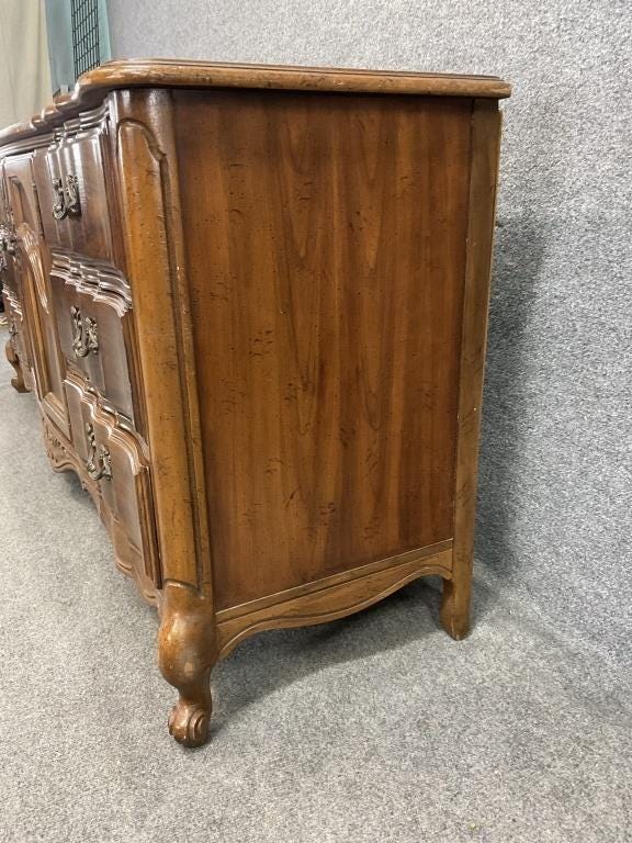 Vintage French Provincial Sideboard Buffet | Serpentine Wood Credenza Console | Carved Provincial Storage Cabinet