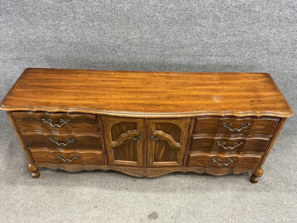 Vintage French Provincial Sideboard Buffet | Serpentine Wood Credenza Console | Carved Provincial Storage Cabinet