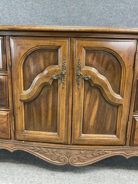 Vintage French Provincial Sideboard Buffet | Serpentine Wood Credenza Console | Carved Provincial Storage Cabinet