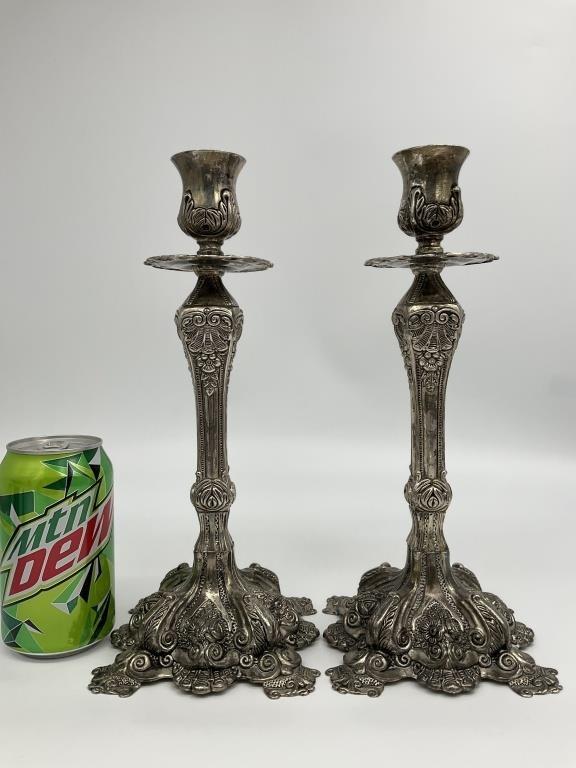 Antique Victorian Silver Plated Candlesticks Pair | Ornate Rococo Revival Candle Holders | Tall European Table Candlesticks
