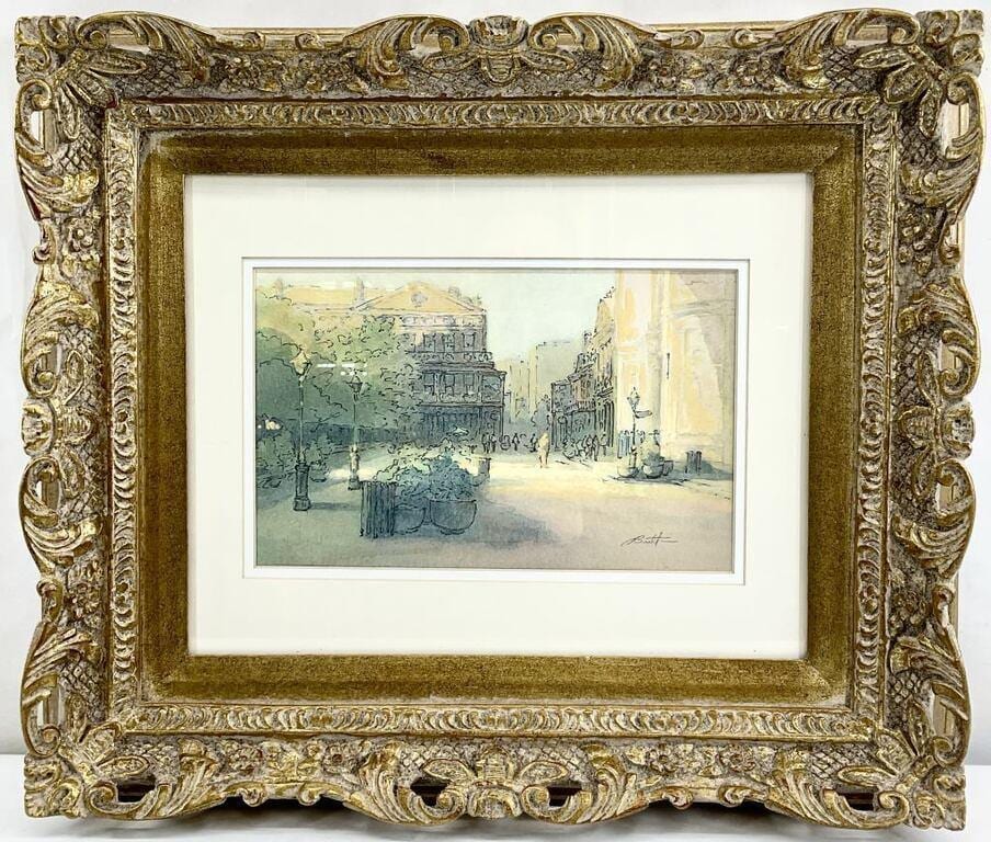 Vintage New Orleans Watercolor Painting – Jackson Square French Quarter Scene – Signed Butler – Ornate Gold Gilt Frame – 1930s–1960s