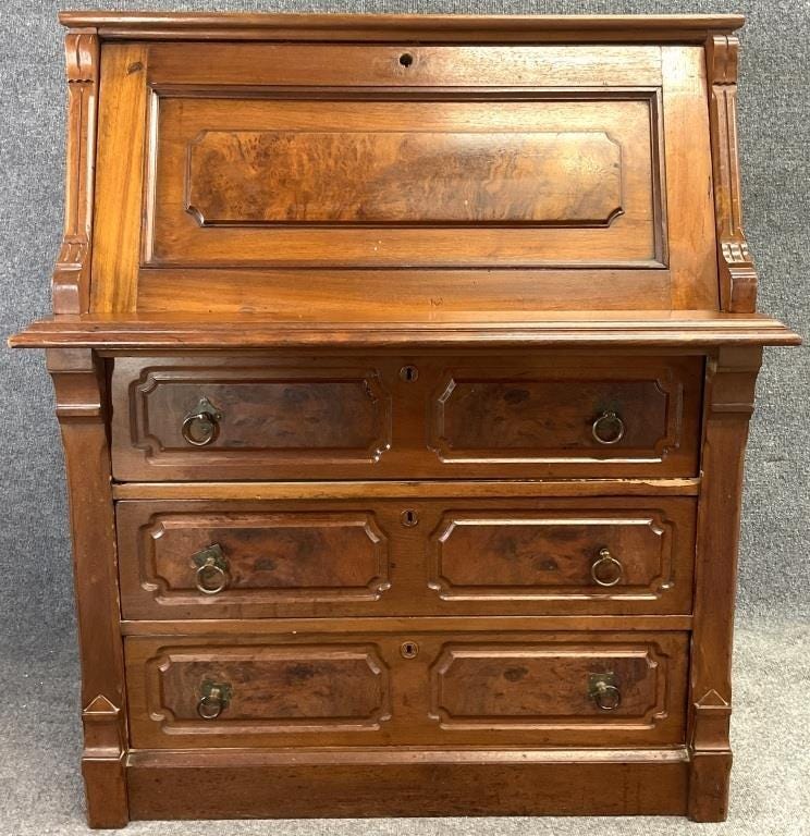 Antique Mid-19th Century Walnut Secretary Desk – 1850s–1860s Fall Front Writing Desk – Burl Walnut Victorian Bureau