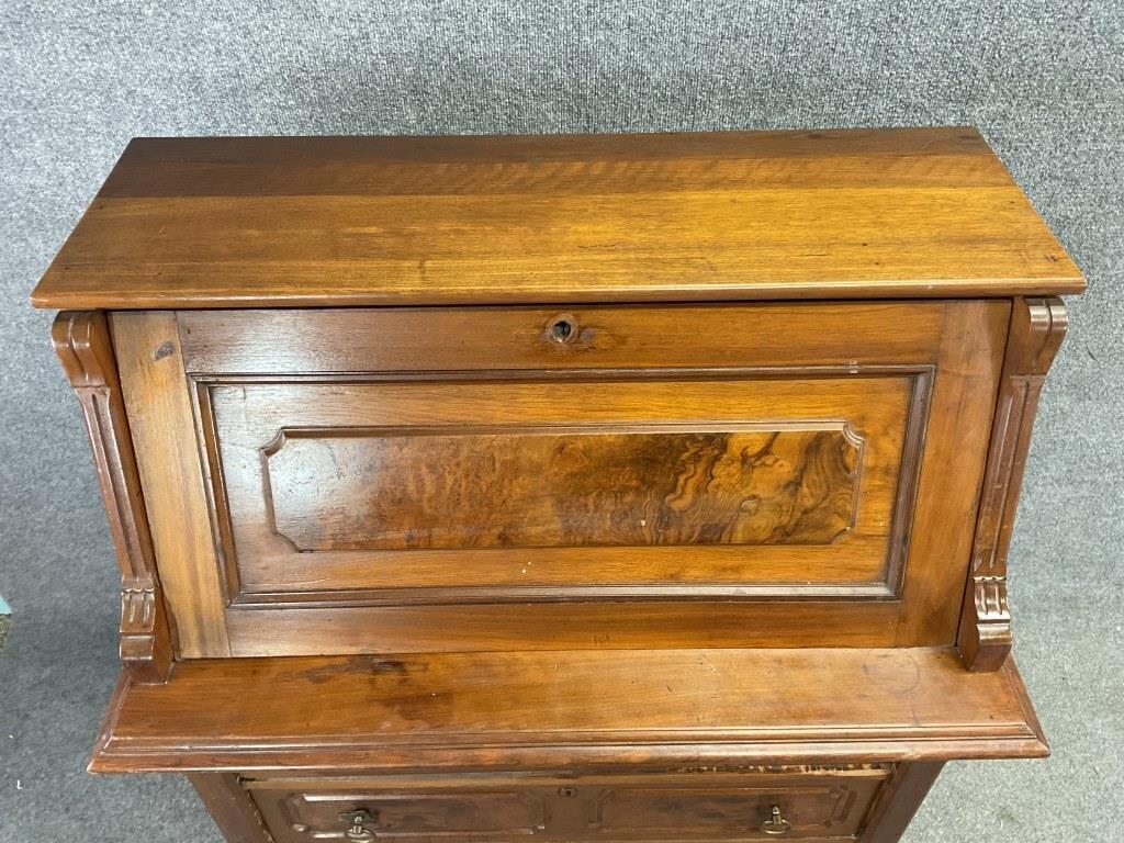 Antique Mid-19th Century Walnut Secretary Desk – 1850s–1860s Fall Front Writing Desk – Burl Walnut Victorian Bureau