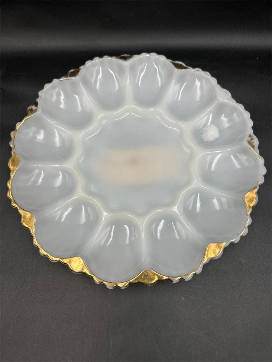 Vintage Pressed Glass Deviled Egg Plate | Clear Crystal Egg Tray | Scalloped Serving Platter | Farmhouse Coastal Entertaining Dish | 12 Slot