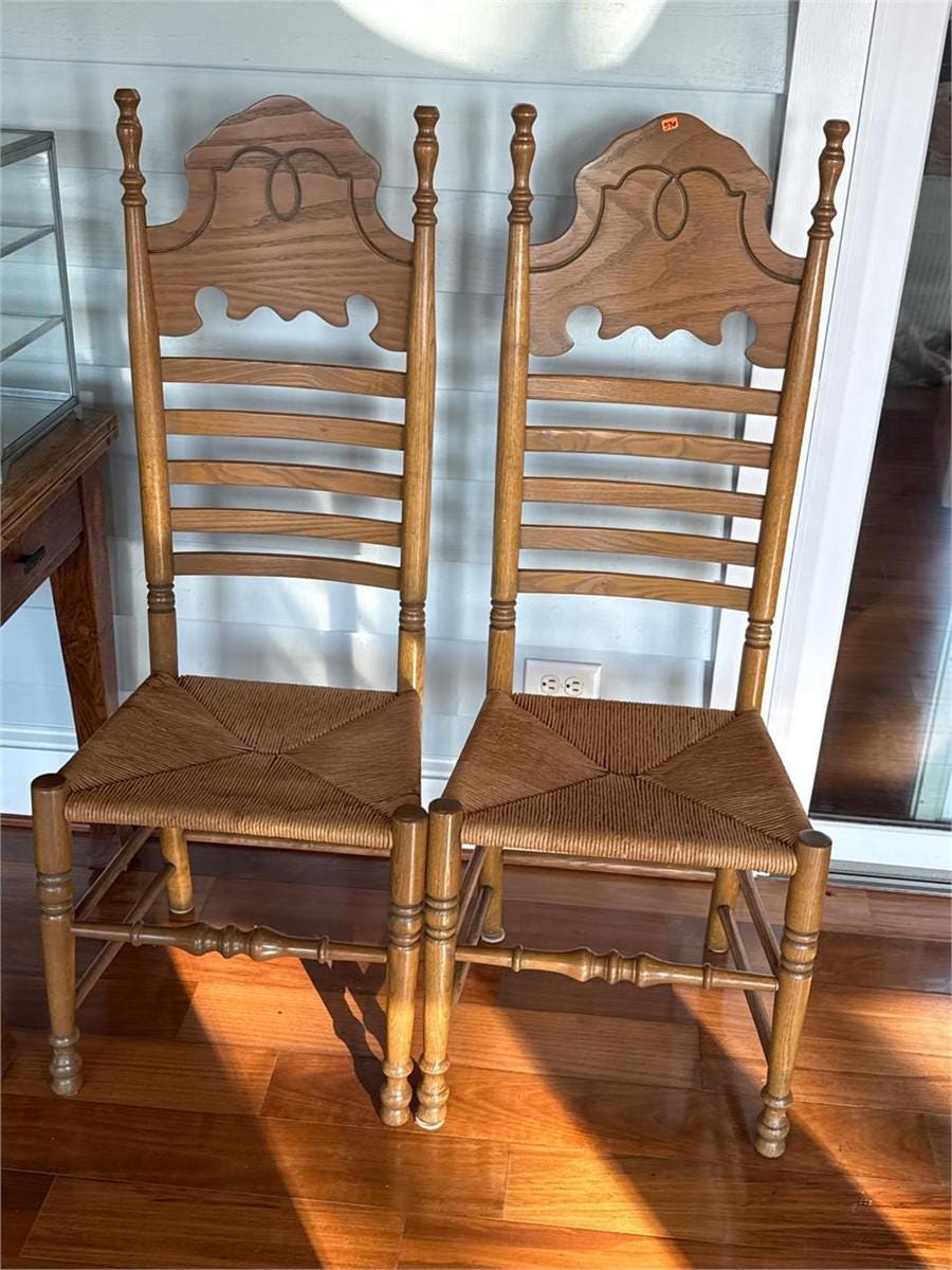Vintage Ladderback Chairs Pair Rush Seat Dining Chairs Colonial Farmhouse Wood Chairs Bath NC Estate Primitive Cottage Decor