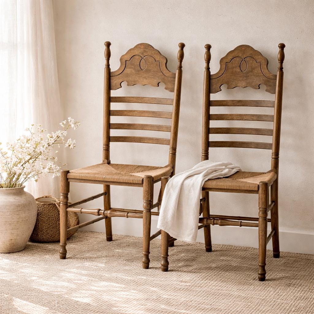 Vintage Ladderback Chairs Pair Rush Seat Dining Chairs Colonial Farmhouse Wood Chairs Bath NC Estate Primitive Cottage Decor