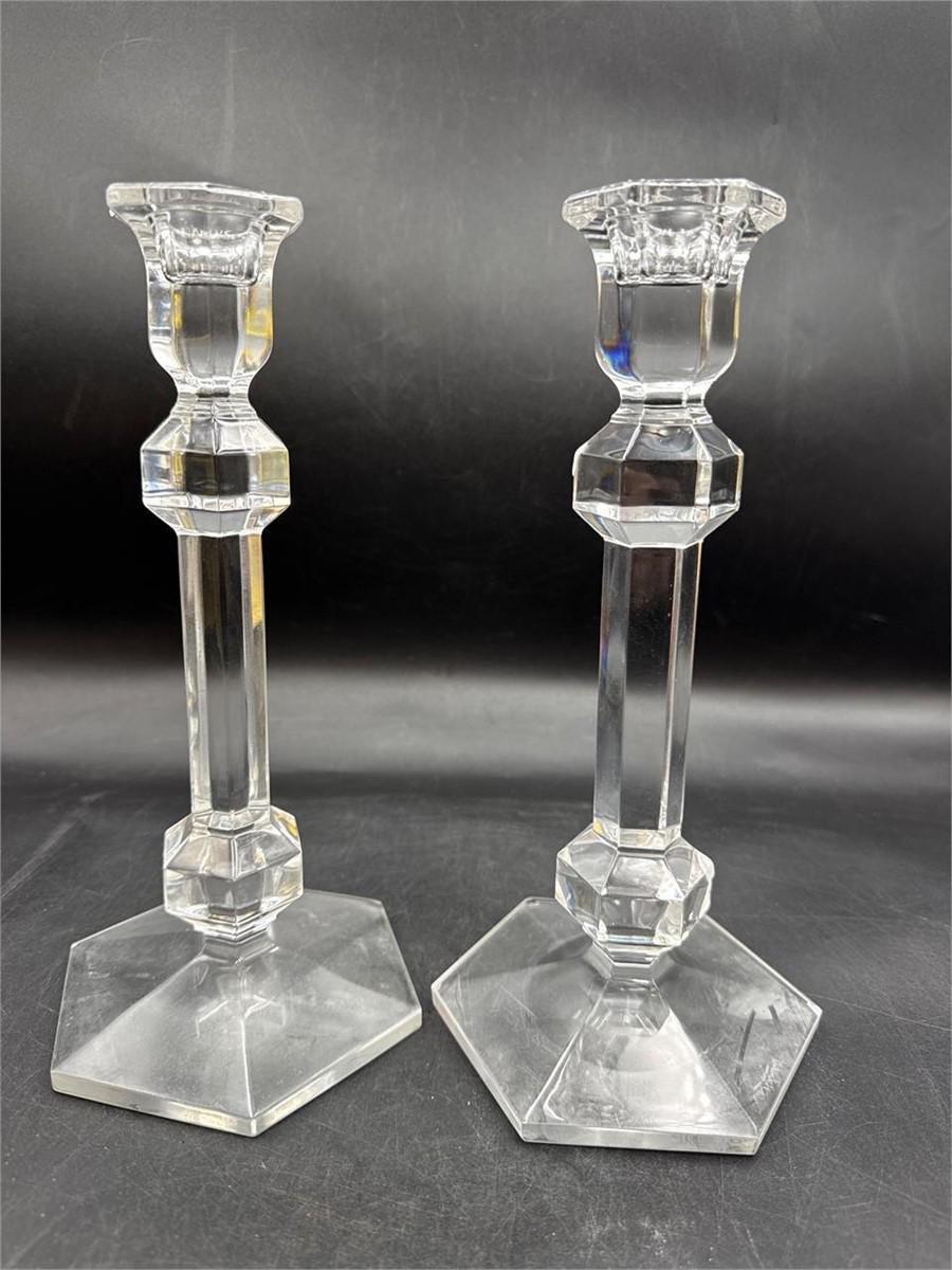 Vintage Val St Lambert Crystal Candlesticks Pair, Belgian Cut Crystal Candle Holders, Art Deco Faceted Glass, Elegant Table Decor