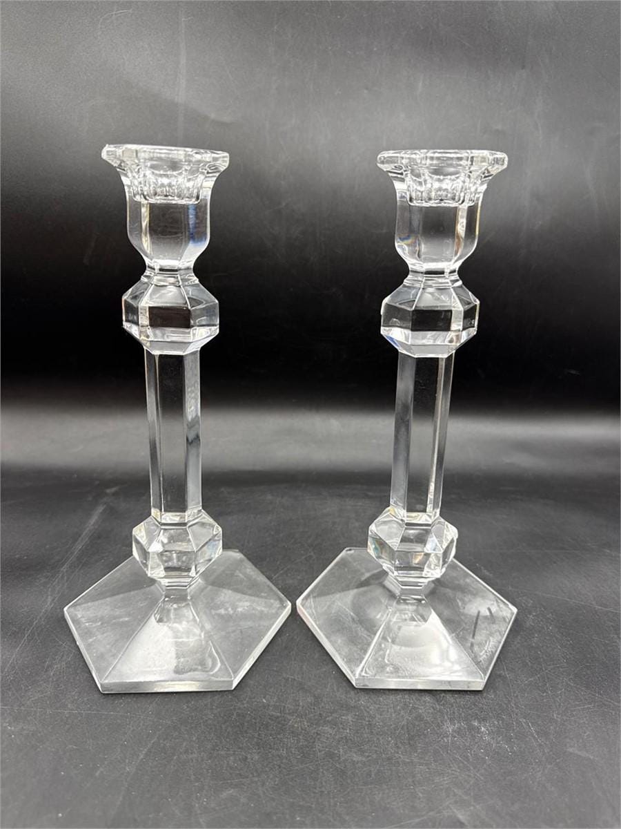 Vintage Val St Lambert Crystal Candlesticks Pair, Belgian Cut Crystal Candle Holders, Art Deco Faceted Glass, Elegant Table Decor