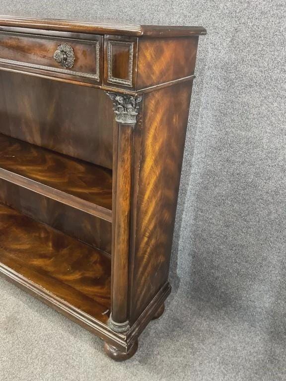 Vintage Theodore Alexander Flame Mahogany Console Bookcase with Drawers, Neoclassical Column Shelving Unit, Vintage Luxury Storage Cabinet