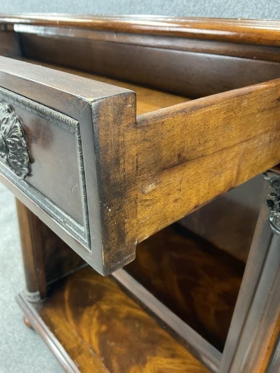 Vintage Theodore Alexander Flame Mahogany Console Bookcase with Drawers, Neoclassical Column Shelving Unit, Vintage Luxury Storage Cabinet
