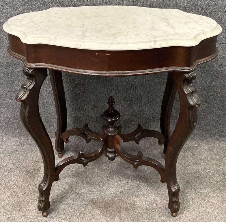 Antique Victorian Marble Top Table, Turtle Top Accent Table, Antique Mahogany Console Table, Curved Leg Entry Table