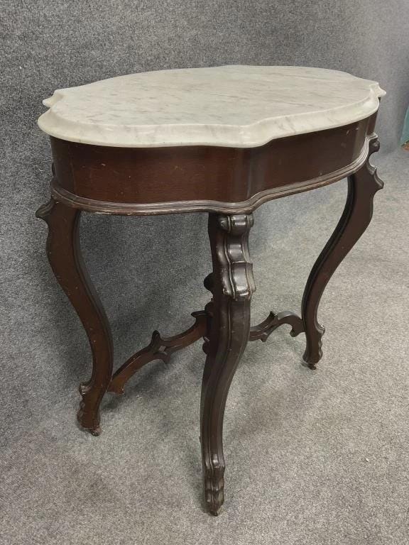 Antique Victorian Marble Top Table, Turtle Top Accent Table, Antique Mahogany Console Table, Curved Leg Entry Table