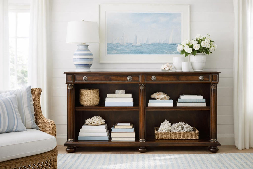 Vintage Theodore Alexander Flame Mahogany Console Bookcase with Drawers, Neoclassical Column Shelving Unit, Vintage Luxury Storage Cabinet