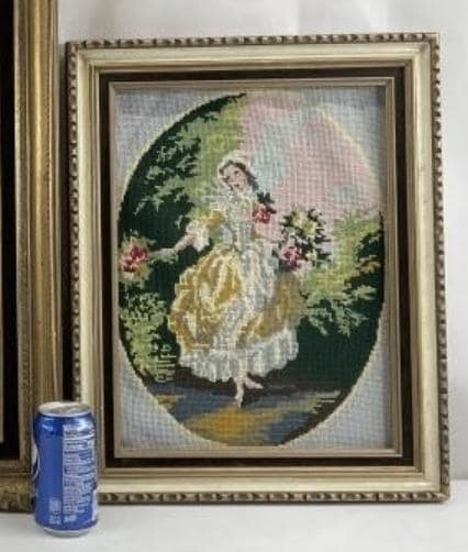 Vintage Needlepoint Framed Art, Romantic Pastoral Lady Scene, Cottagecore Wall Decor, French Country Needlework, Grandmillennial Wall Art