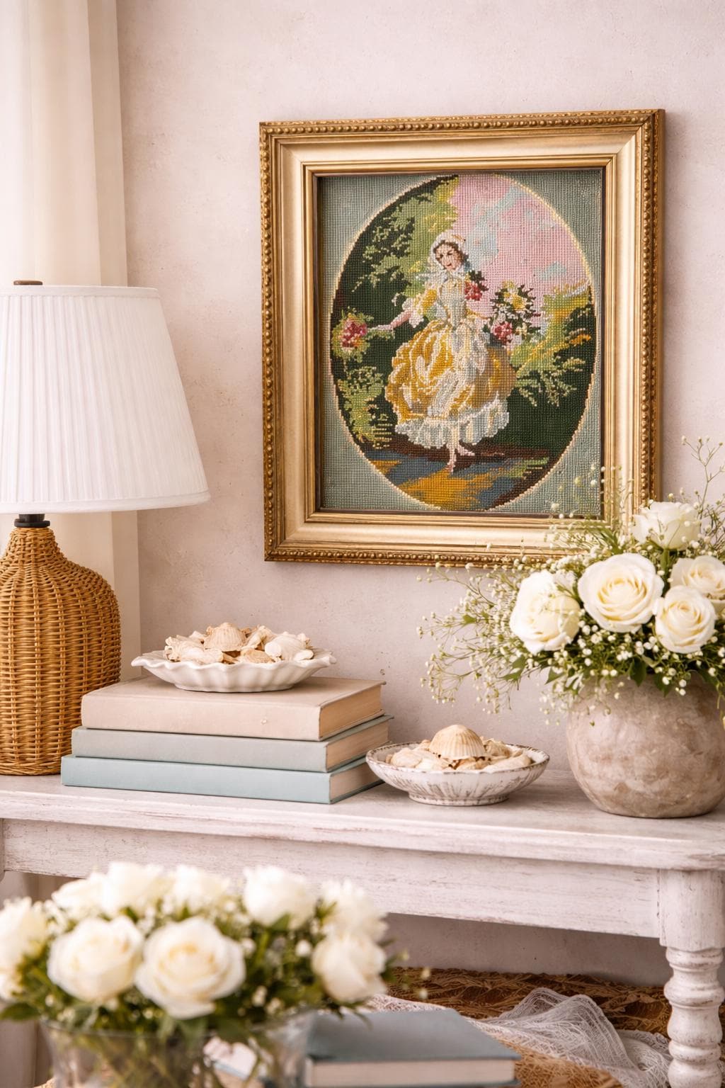 Vintage Needlepoint Framed Art, Romantic Pastoral Lady Scene, Cottagecore Wall Decor, French Country Needlework, Grandmillennial Wall Art