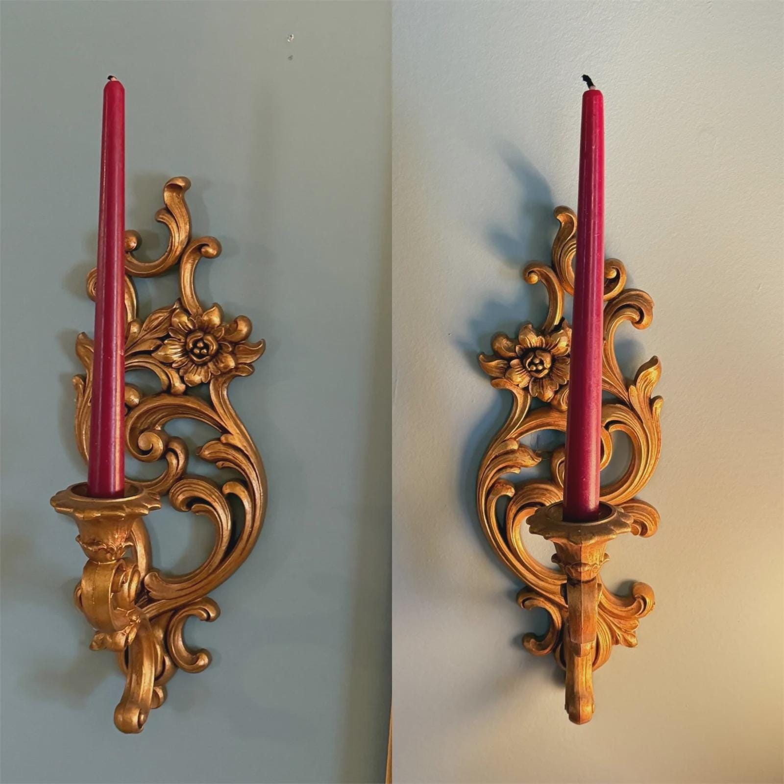 Vintage Syroco Gold Wall Sconces Pair – Hollywood Regency Rococo Candle Holders – Ornate Mid Century Wall Decor