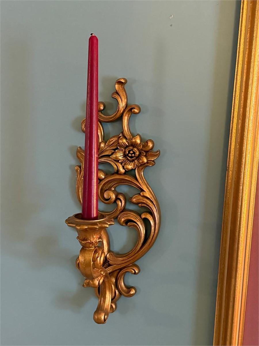 Vintage Syroco Gold Wall Sconces Pair – Hollywood Regency Rococo Candle Holders – Ornate Mid Century Wall Decor