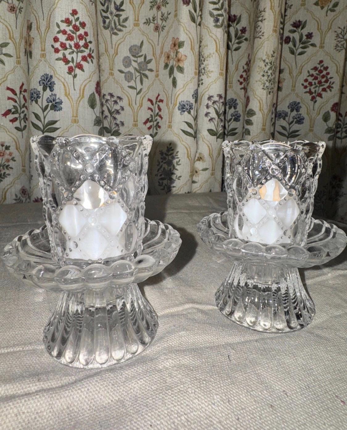 Vintage Pedestal Glass Votive Holders, Set of Two, Hobnail Diamond Pattern Candle Cups, Grandmillennial Table Decor, Romantic Cottage Style
