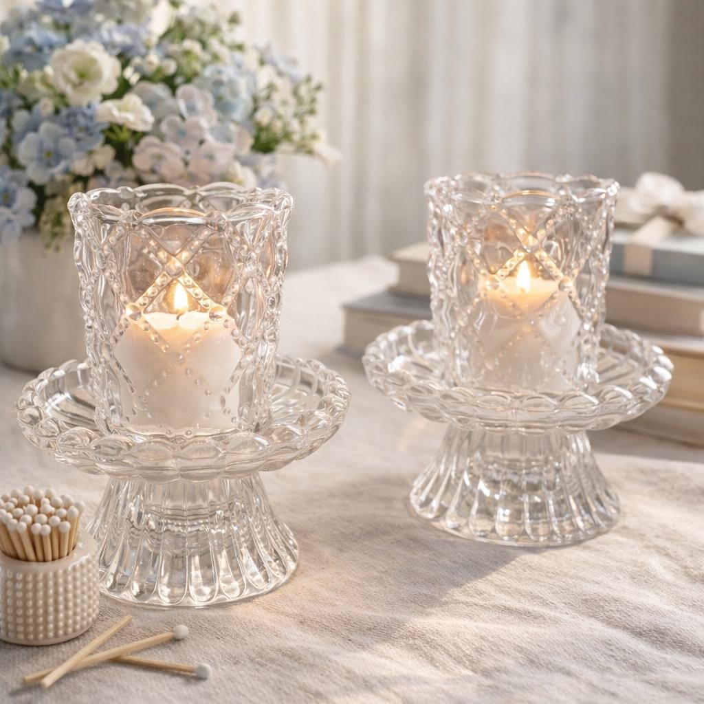 Vintage Pedestal Glass Votive Holders, Set of Two, Hobnail Diamond Pattern Candle Cups, Grandmillennial Table Decor, Romantic Cottage Style