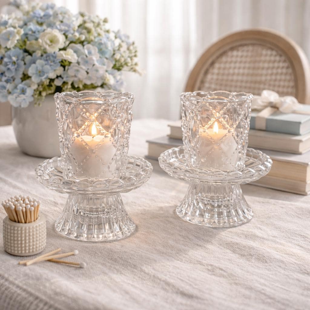 Vintage Pedestal Glass Votive Holders, Set of Two, Hobnail Diamond Pattern Candle Cups, Grandmillennial Table Decor, Romantic Cottage Style