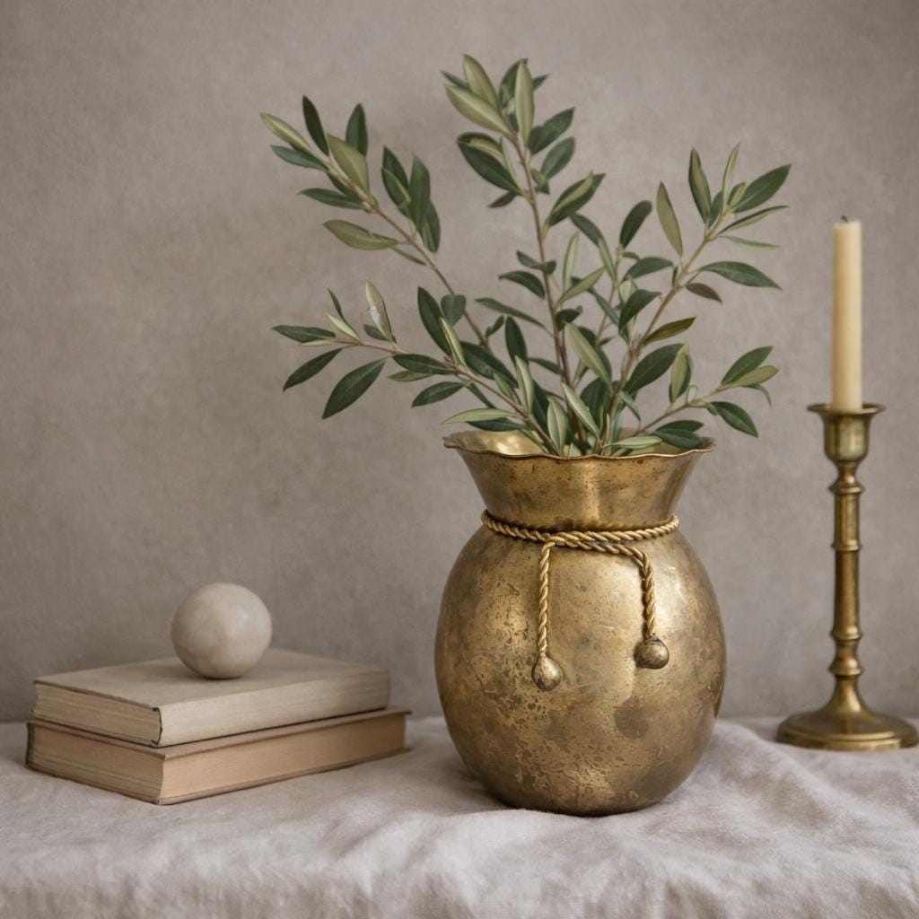 Vintage Brass Urn Vase with Rope Detail – Aged Patina Old World Decor – European Style Brass Vessel – Grandmillennial Home Accent