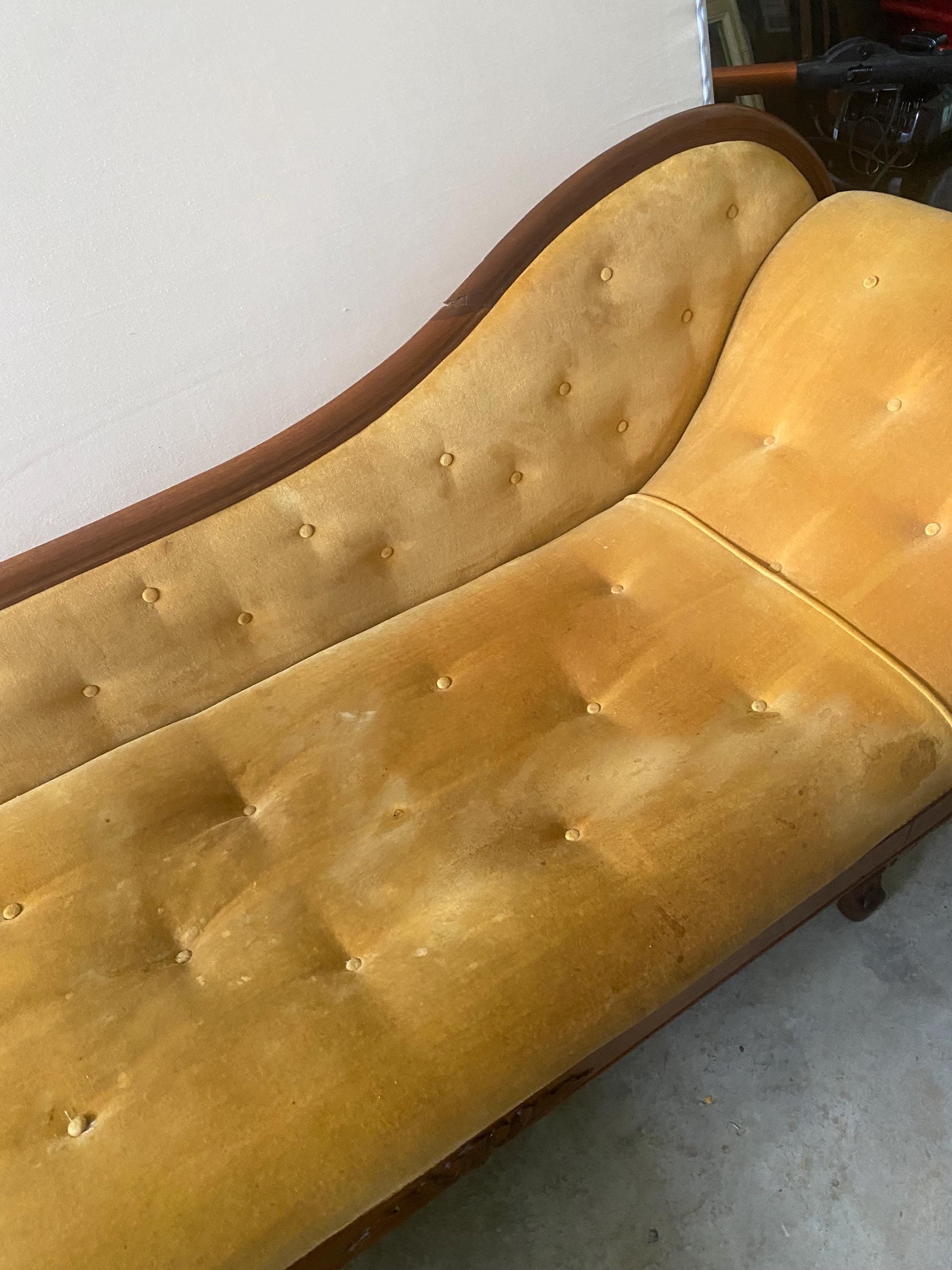 Victorian Tufted Chaise Longue | Hand-Carved Frame, Original Velvet, c. 1870 | Needs Reupholstery