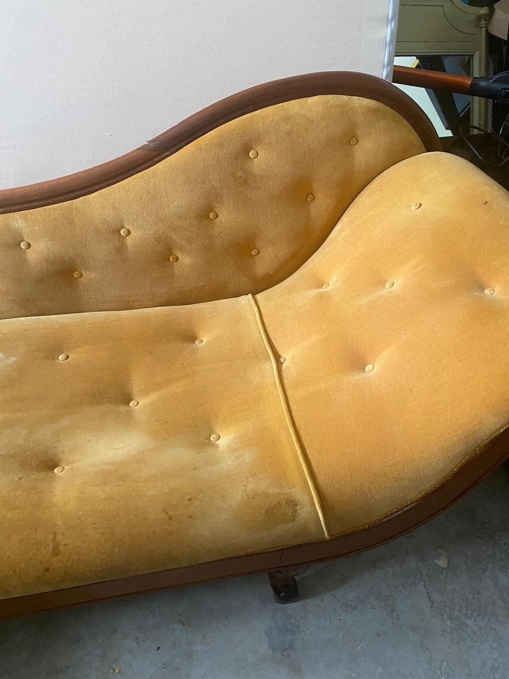 Victorian Tufted Chaise Longue | Hand-Carved Frame, Original Velvet, c. 1870 | Needs Reupholstery