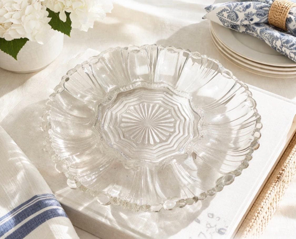 Vintage Crystal Deviled Egg Plate | Clear Egg Tray | Scalloped Serving Platter | Farmhouse Coastal Entertaining Dish | 12 Slot