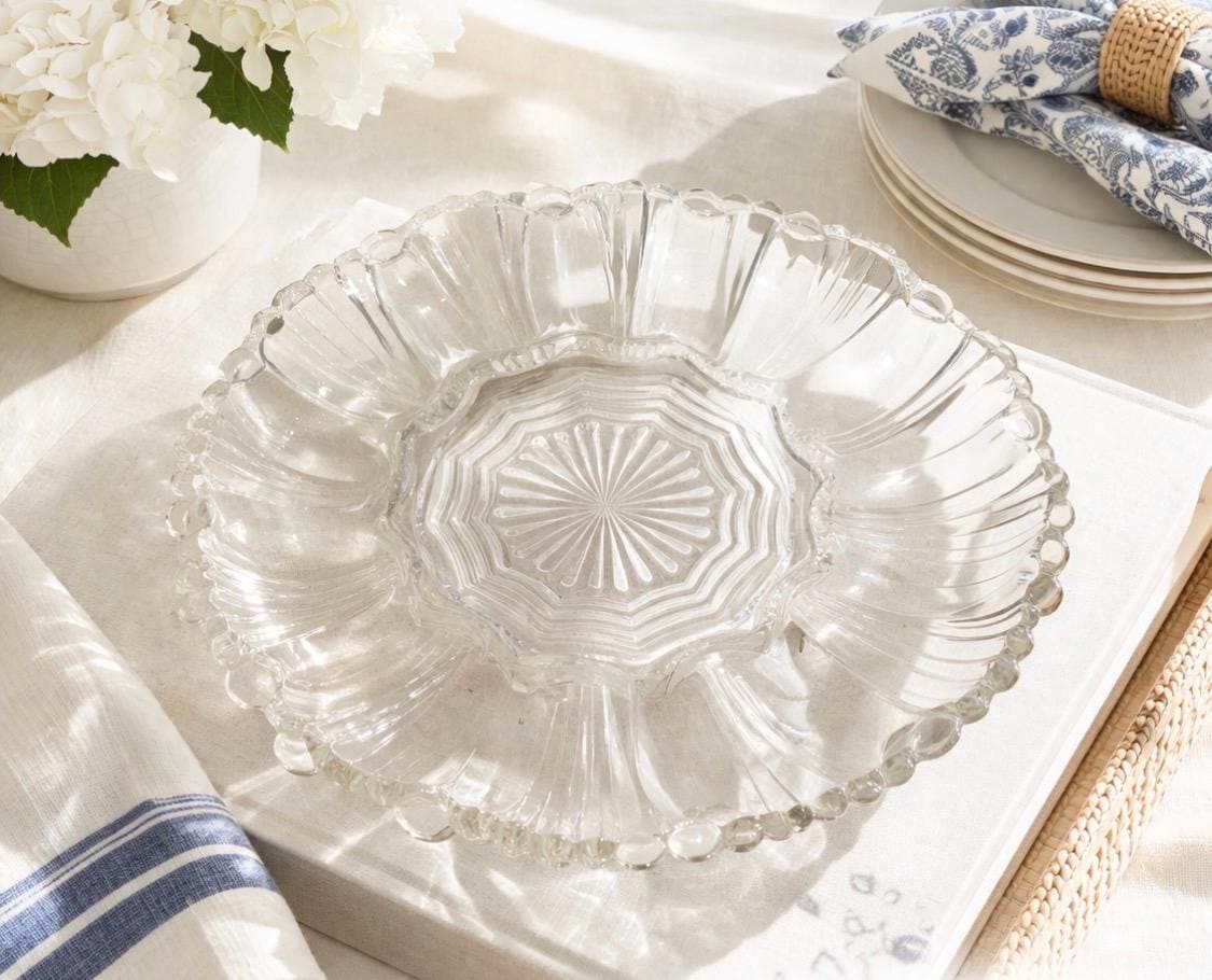 Vintage Crystal Deviled Egg Plate | Clear Egg Tray | Scalloped Serving Platter | Farmhouse Coastal Entertaining Dish | 12 Slot