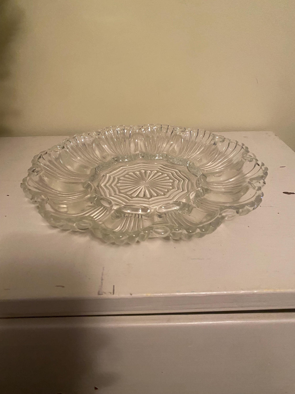 Vintage Crystal Deviled Egg Plate | Clear Egg Tray | Scalloped Serving Platter | Farmhouse Coastal Entertaining Dish | 12 Slot