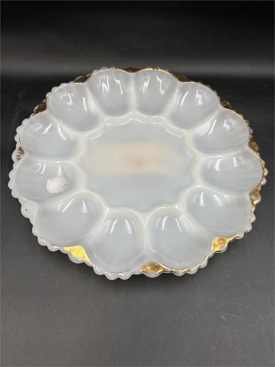 Vintage Pressed Glass Deviled Egg Plate | Clear Crystal Egg Tray | Scalloped Serving Platter | Farmhouse Coastal Entertaining Dish | 12 Slot