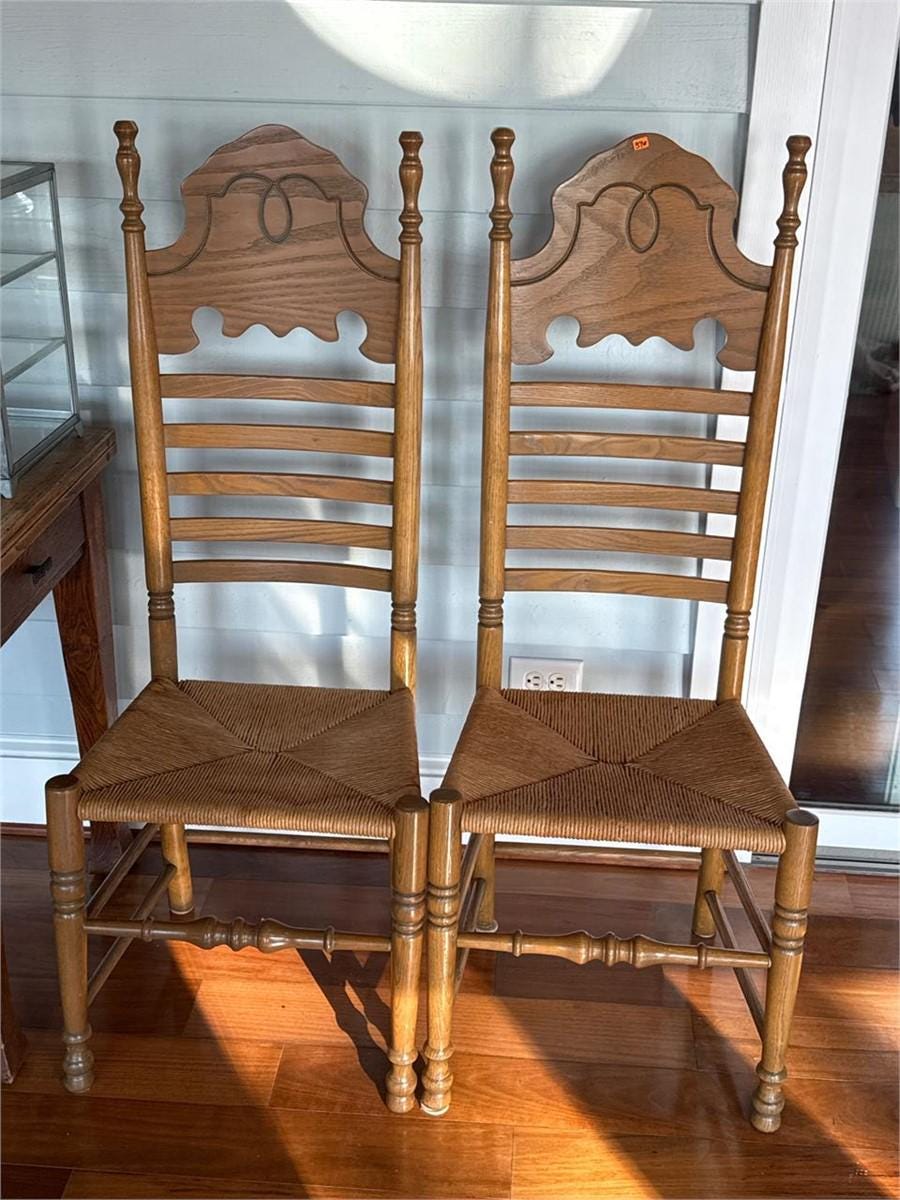 Vintage Ladderback Chairs Pair Rush Seat Dining Chairs Colonial Farmhouse Wood Chairs Bath NC Estate Primitive Cottage Decor