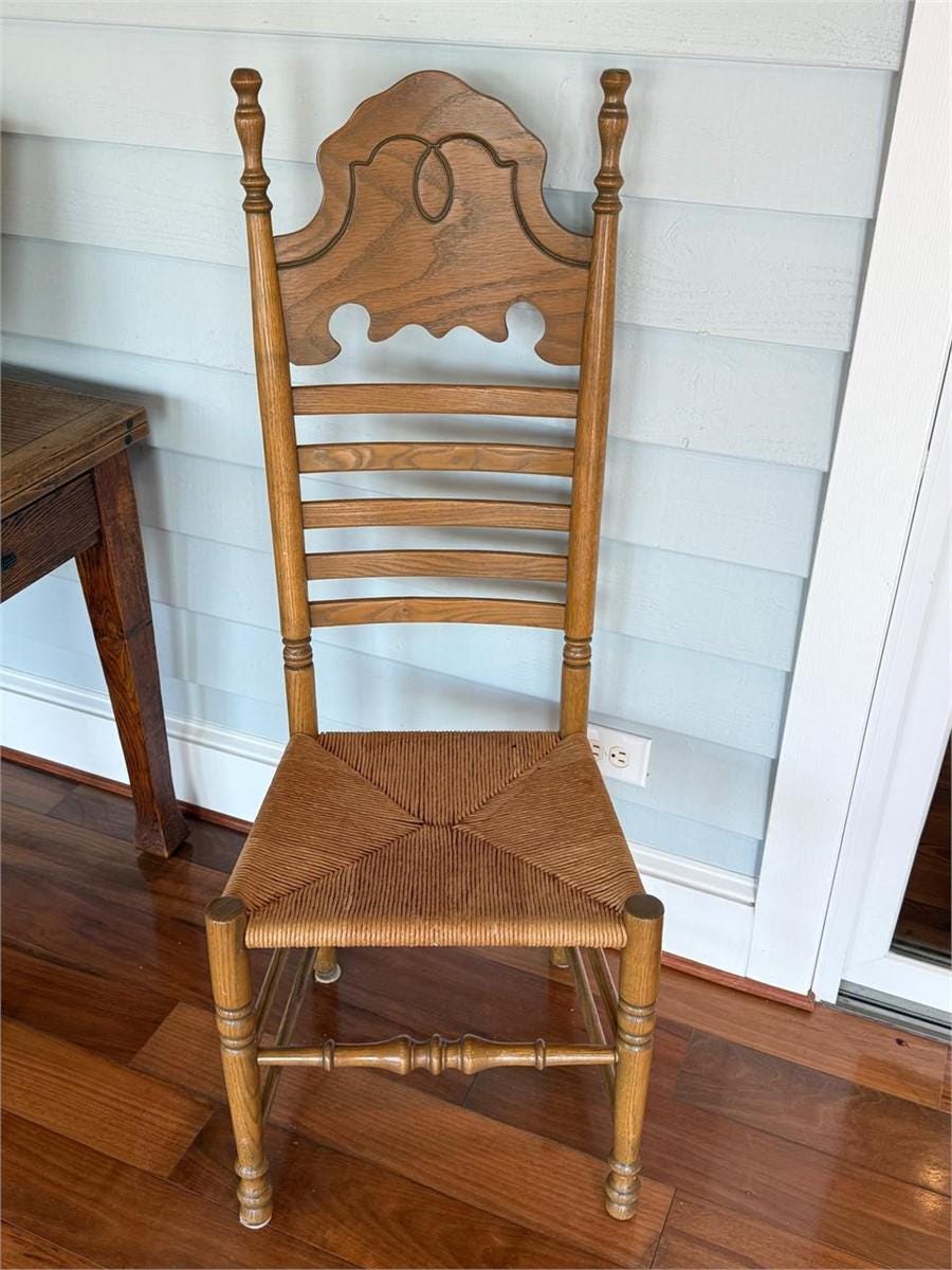 Vintage Ladderback Chairs Pair Rush Seat Dining Chairs Colonial Farmhouse Wood Chairs Bath NC Estate Primitive Cottage Decor