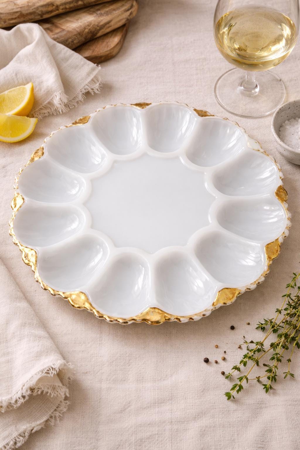 Vintage Pressed Glass Deviled Egg Plate | Clear Crystal Egg Tray | Scalloped Serving Platter | Farmhouse Coastal Entertaining Dish | 12 Slot