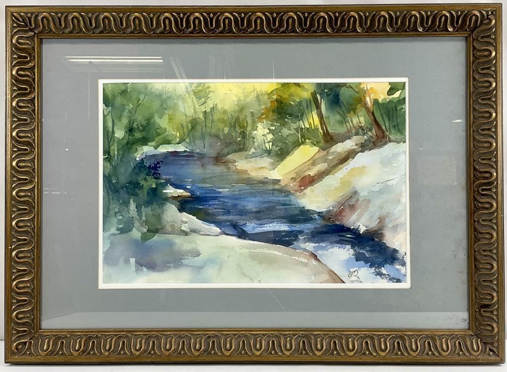 Large Vintage Watercolor Landscape Painting Framed Forest Stream Original Art Nature Wall Decor Neutral Green Blue Artwork