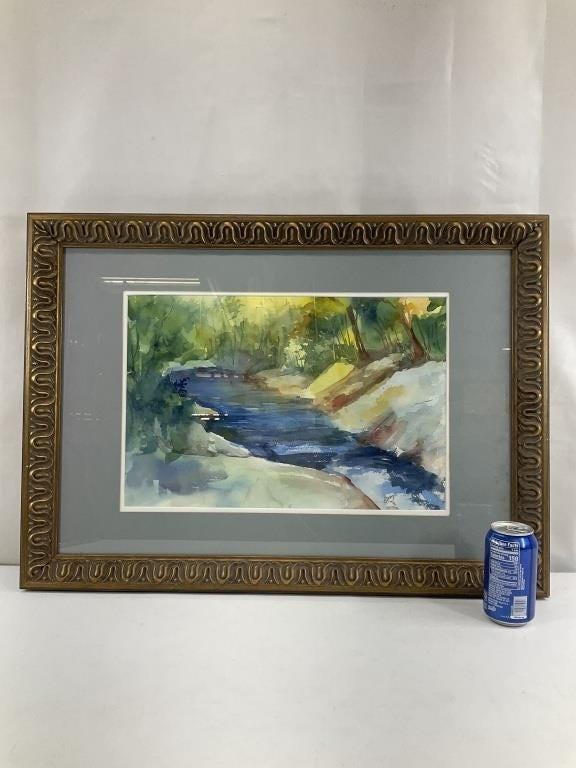 Large Vintage Watercolor Landscape Painting Framed Forest Stream Original Art Nature Wall Decor Neutral Green Blue Artwork