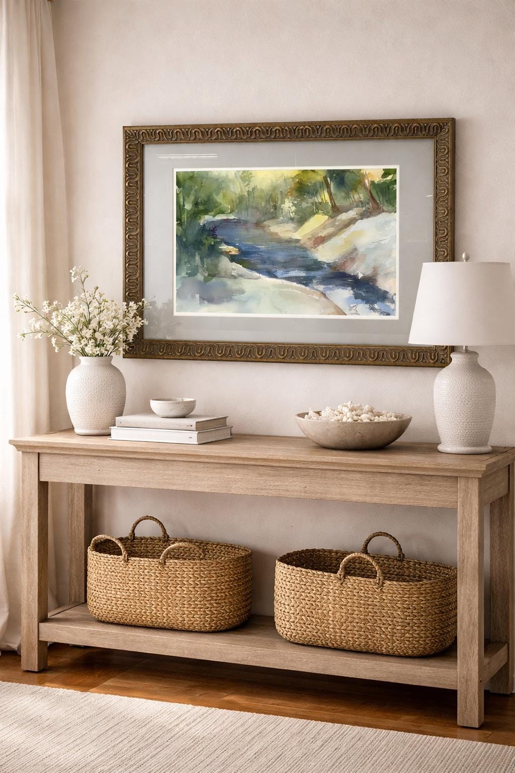 Large Vintage Watercolor Landscape Painting Framed Forest Stream Original Art Nature Wall Decor Neutral Green Blue Artwork