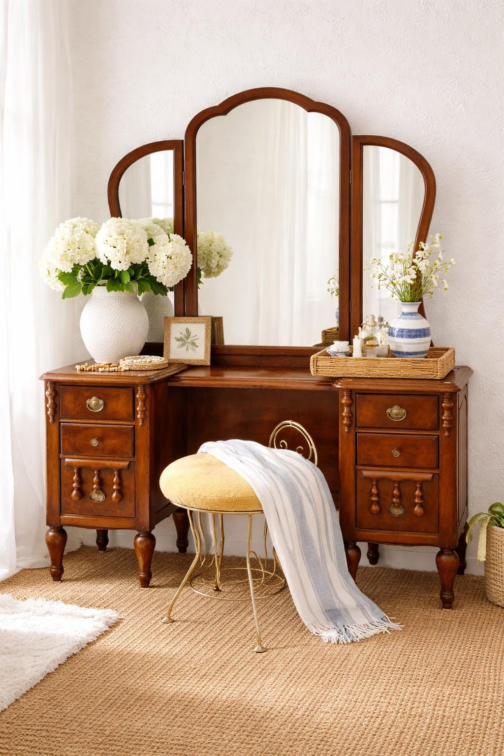 Vintage Vanity Stool with Gold Metal Base, Antique Dressing Table Chair, Hollywood Regency Accent Seat, Bedroom Vanity Seating