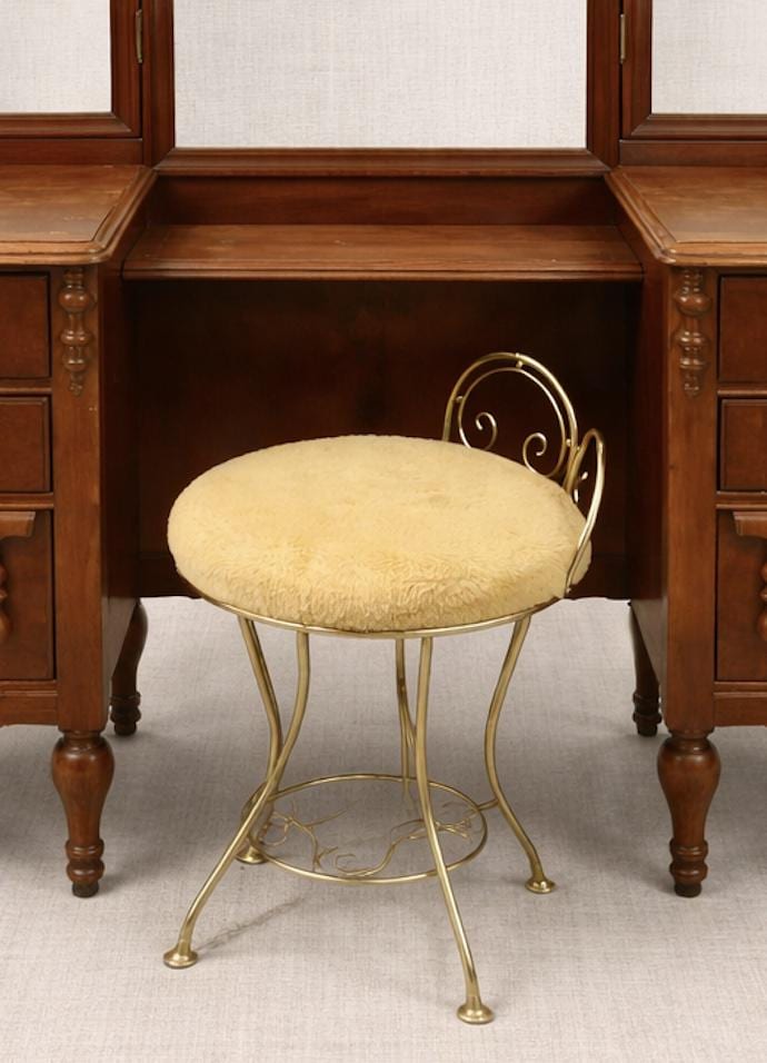 Vintage Vanity Stool with Gold Metal Base, Antique Dressing Table Chair, Hollywood Regency Accent Seat, Bedroom Vanity Seating