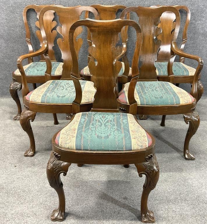 Antique Mahogany Dining Chairs Set of 6 | Chippendale Style Ball and Claw Feet | Vintage Upholstered Dining Chairs | Traditional Dining Set