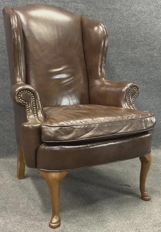 Vintage Leather Wingback Chair | Brown Leather Accent Chair | English Style Club Chair | Nailhead Trim Armchair | Traditional Library Chair