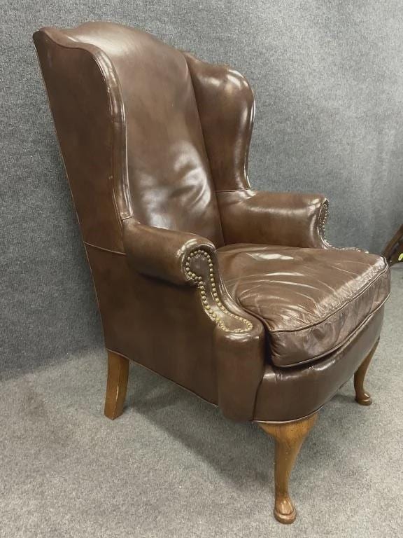 Vintage Leather Wingback Chair | Brown Leather Accent Chair | English Style Club Chair | Nailhead Trim Armchair | Traditional Library Chair