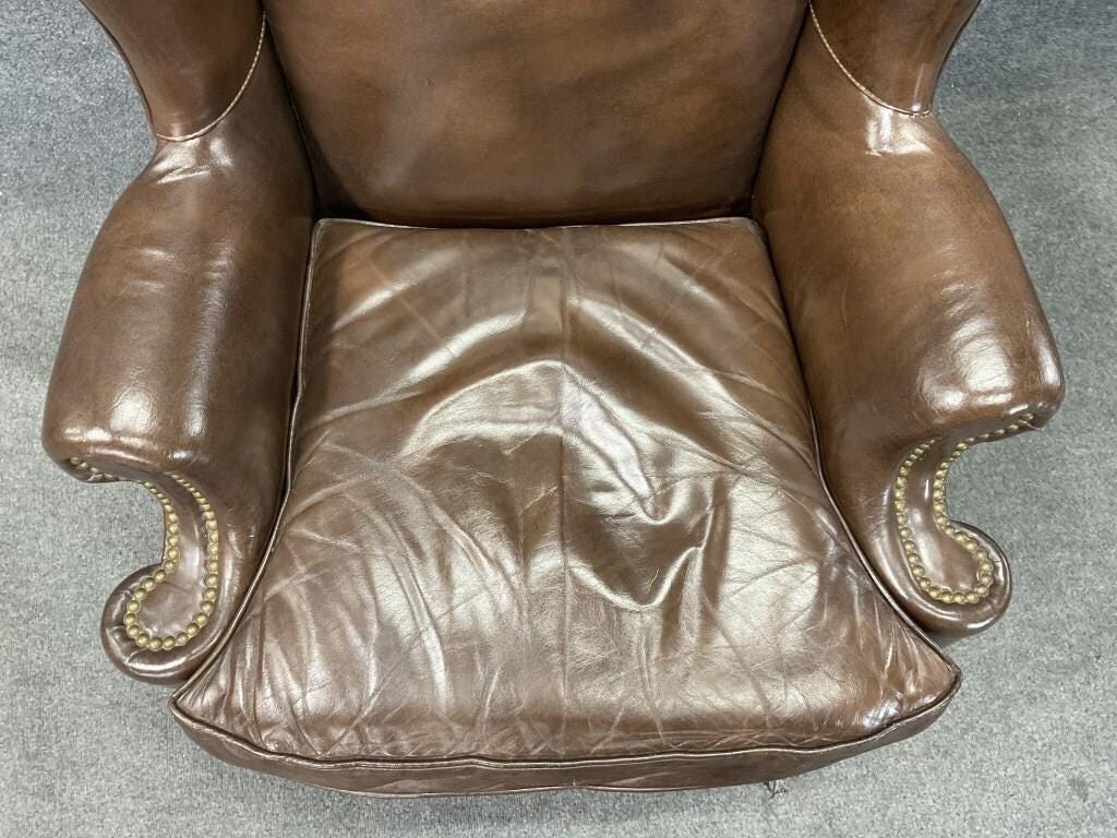 Vintage Leather Wingback Chair | Brown Leather Accent Chair | English Style Club Chair | Nailhead Trim Armchair | Traditional Library Chair