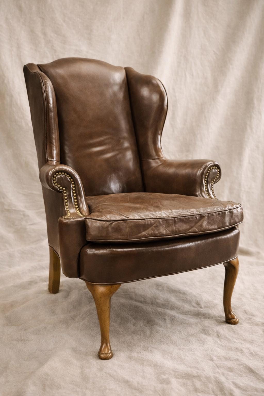 Vintage Leather Wingback Chair | Brown Leather Accent Chair | English Style Club Chair | Nailhead Trim Armchair | Traditional Library Chair